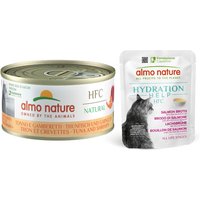 Specialpris! 6 x 70 g Almo Nature HFC Natural + 6 x 50 g Hydration Help - Tonfisk & räkor + Hydration Help laxbuljong med lax