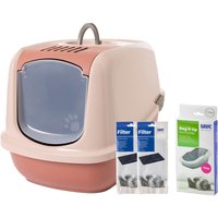Maison de toilette Savic Nestor XXL pour chat - maison rose champagne / rouge toscane + 2 filtres de rechange + 6 sacs Bag it up
