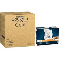 Jumbopack: Gourmet 96 x 85 g + 24 x 85 g gratis! - Gold, Fin paté: nötkött, kanin, lamm, kalvkött + Perle, Mini Filetti i sås
