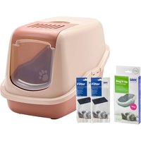 Maison de toilette Savic Nestor pour chat - maison rose champagne / rouge toscane + 2 filtres de rechange + 6 sacs Bag it up