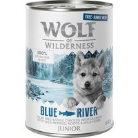 24x400g Wolf of Wilderness Free Range Junior Blue River- poulet, saumon élevés en liberté