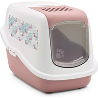 Savic Nestor Impression "Flamingo" kattlåda med tak - Rosa/vit med flamingotryck