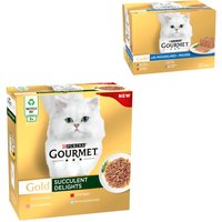 96 x 85 g Jumbopack Gourmet Gold + 24 x 85 g Fine Paté på köpet! - Saftig-fina strimlor: kyckling, havsfisk, nötkött, lax