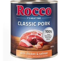 Lot Rocco Classic Pork 24 x 800 g pour chien poulet, saumon