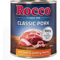 Lot Rocco Classic Pork 24 x 800 g pour chien bœuf, cœurs de volaille
