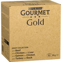 Jumbopack: Gourmet Gold 96 x 85 g - Möra bitar i sås: nötkött, kyckling, lax, kalkon