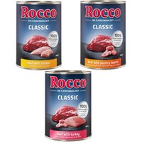 Lot mixte Rocco Classic 6 x 400 g pour chien - lot mixte à la volaille : bœuf & poulet, bœuf & cœurs de volaille, bœuf & dinde