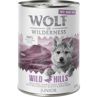24x400g Wolf of Wilderness Free Range Junior Wild Hills canard, veau élevés en liberté