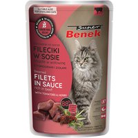 Super Benek sans céréales filets cuits à la vapeur 28 x 85 g pour chat - bœuf, tomates en sauce