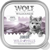 6x 150g Wolf of Wilderness Junior Wild Hills - Eend & Kalfsvlees graanvrij natvoer voor honden