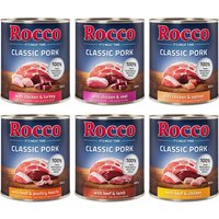 Lot Rocco Classic Pork 24 x 800 g pour chien lot mixte : bœuf/agneau, poulet/dinde, poulet/veau, bœuf/cœurs de volaille, poulet/saumon, bœuf/poulet