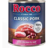 Lot Rocco Classic Pork 24 x 800 g pour chien poulet, veau