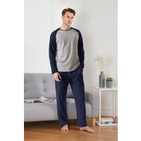 MODISHION Men's Fashion Long Sleeve Contrast Colour Pyjama Set in Navy | Size: 2XL