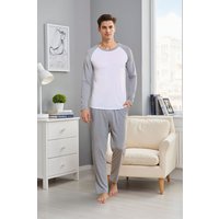 MODISHION Men's Fashion Long Sleeve Contrast Colour Pyjama Set in Light Grey | Size: 2XL
