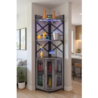 Living and Home 5-Tier Corner Bar Cabinet with Built-in Power Outlet and LED Lights in Grey