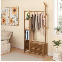 Living and Home Freestanding Bamboo Clothes Rack Garment Rack with Storage Shelves Coat Hanger Hanging Rod in Brown