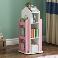 Living and Home House Frame Rotating Bookshelf Storage Rack in Pink