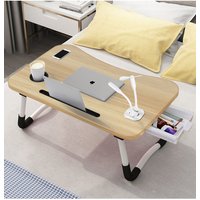 Living and Home Folding Laptop Bed Table w/ Led Light, Fan, 4 USB Ports, Tablet Slot & Cup Slot Bed Office Desk in Natural