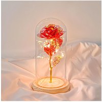 Living and Home Eternal Rose Flower in Glass Dome with Wooden Base & LED Lighting for Gift in Red