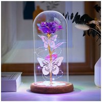 Living and Home Two Butterfly Rose in Glass Dome with Wooden Base & LED Lighting for Gifts in Purple