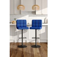 Living and Home 2 Pcs Velvet Grid Upholstery Bar Stools Adjustable Height with Backrest in Blue
