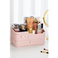 SHEONLY Plastic Makeup Organizer Storage Box Desktop with 2 Drawers in Pink