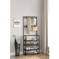 Living and Home 4 Tier Shoe Shelf Storage Organizer with Hooks Clothes Hanger Garment Rack in Black