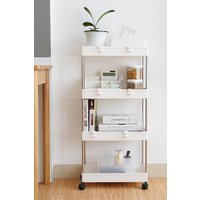 H&O Direct Slim White Standing 4-Tier Corner Storage Rack Shelf Plastic for Kitchen Bathroom