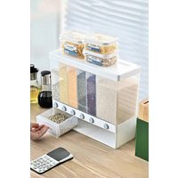 H&O Direct 6 Grids Grain Dry Food Dispenser Kitchen Storage Box with Measuring Cup in White