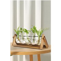 Living and Home Bulb Shape Hydroponic Glass Vase with Wooden Stand in Clear