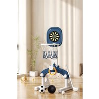 H&O Direct 5-in-1 Kids Basketball Hoop with Basketball, Football, Golf, Ring Toss & Dartboard Playset in Blue