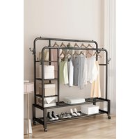 H&O Direct Metal Double-Rod Clothes Rack with Shelves & Wheels in Black