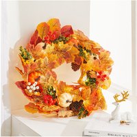 Living and Home 45cm Pre-Lit Autumn Wreath with White White Pumpkin, Ginkgo & Maple Leaves in Orange