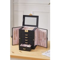 SHEONLY Women's Large Capacity Lockable Faux Leather Jewelry Storage Box in Black