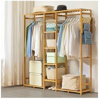 H&O Direct Wooden Clothes Rack with Storage Shelf & Side Hooks in Brown