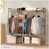 H&O Direct Trapezoid Bamboo Garment Rack with Tiered Storage Shelves in Brown