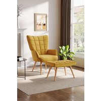 H&O Direct Yellow Linen Tufted Armchair with Footstool