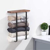H&O Direct Black Metal Wall-Mounted Towel Rack with Brown Wooden Shelf