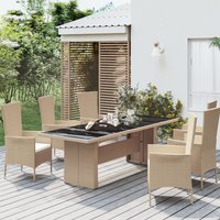Berkfield Home Garden Table with Glass Top Beige Poly Rattan&Tempered Glass