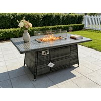 Fimous PE Wicker Rattan Gas Fire Pit Dining Table Gas Heater Burner Patio With Clear Tempered Glass in Dark Grey