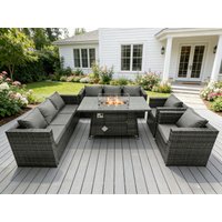 Fimous Outdoor Rattan Garden Furniture Gas Fire Pit Table Sets Gas Heater Lounge Chairs Dark Grey 8 Seater