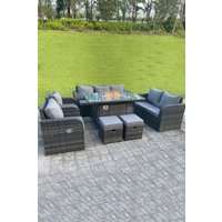Fimous Rattan Outdoor Gas Fire Pit Table Sets Gas Heater Lounge Love Sofa Recling Chairs Footstools in Dark Grey
