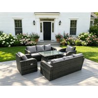 Fimous Outdoor Rattan Sofa Set Dining Table Recling Arm Chairs Lounge Sofa 8 Seater in Dark Grey