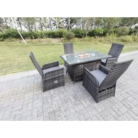 Rattan Garden Furniture Gas Fire Pit Rectangle Oblong Dining Table & Chairs 4 Seater
