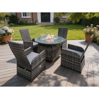 Fimous Rattan Outdoor Garden Furniture Gas Fire Pit Dining Table Gas Heater Burner Table & Chair Sets 4 Seater in Dark Grey