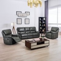Furnishings For Less UK Boston Grey Leather Large 3 Piece Sofa Suite Manual Reclining Armchairs + Static 3 Seater Seater Sofa