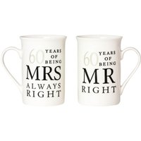 Happy Homewares Ivory White 60th Anniversary Mr Right & Mrs Always Right Ceramic Mug Gift Set