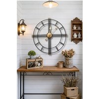 Living and Home 60cm Dia Round Skeleton Metal Wall Clock with Gold Needles in Black