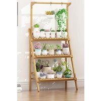 Living and Home 3-Tier Foldable Wooden Ladder Shelf with Hanging Rod Plant Stand Display Rack in Brown