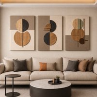 Mafett Set of 3 Abstract Circle Canvas Wall Art in Beige | Size: A2
